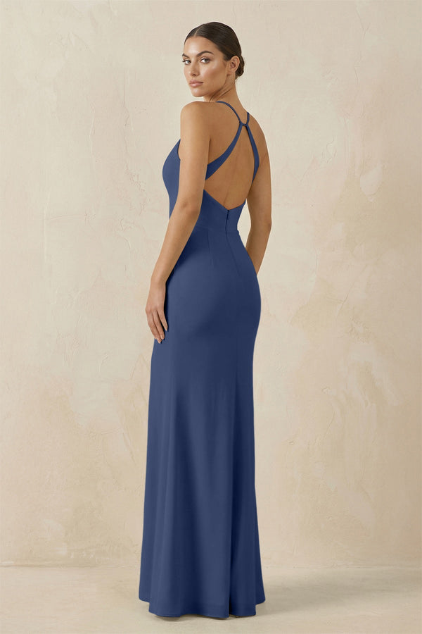 Spaghetti Strap Sheath Chiffon Bridesmaid Dress With Slit in Navy - KissProm Bridesmaid Dresses