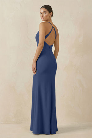 Spaghetti Strap Sheath Chiffon Bridesmaid Dress With Slit in Navy - KissProm Bridesmaid Dresses