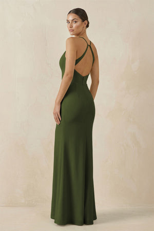 Spaghetti Strap Sheath Chiffon Bridesmaid Dress With Slit in Olive - KissProm Bridesmaid Dresses