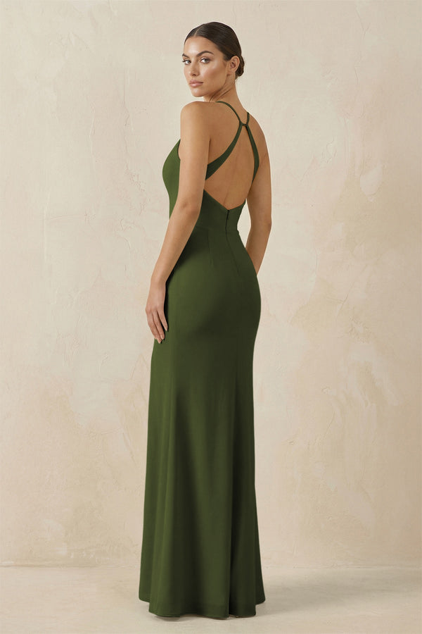 Spaghetti Strap Sheath Chiffon Bridesmaid Dress With Slit in Olive - KissProm Bridesmaid Dresses