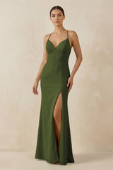 Spaghetti Strap Sheath Chiffon Bridesmaid Dress With Slit in Olive - KissProm Bridesmaid Dresses