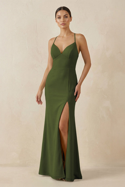 Spaghetti Strap Sheath Chiffon Bridesmaid Dress With Slit in Olive - KissProm Bridesmaid Dresses