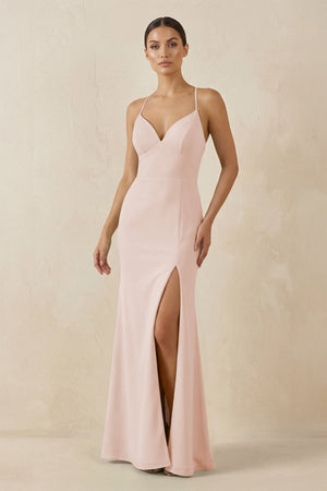 Spaghetti Strap Sheath Chiffon Bridesmaid Dress With Slit in Pale Blush - KissProm Bridesmaid Dresses
