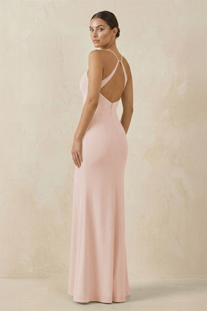 Spaghetti Strap Sheath Chiffon Bridesmaid Dress With Slit in Pale Blush - KissProm Bridesmaid Dresses