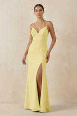 Spaghetti Strap Sheath Chiffon Bridesmaid Dress With Slit in Pastel Yellow - KissProm Bridesmaid Dresses