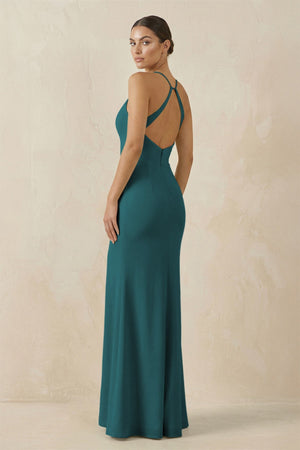 Spaghetti Strap Sheath Chiffon Bridesmaid Dress With Slit in Pine - KissProm Bridesmaid Dresses