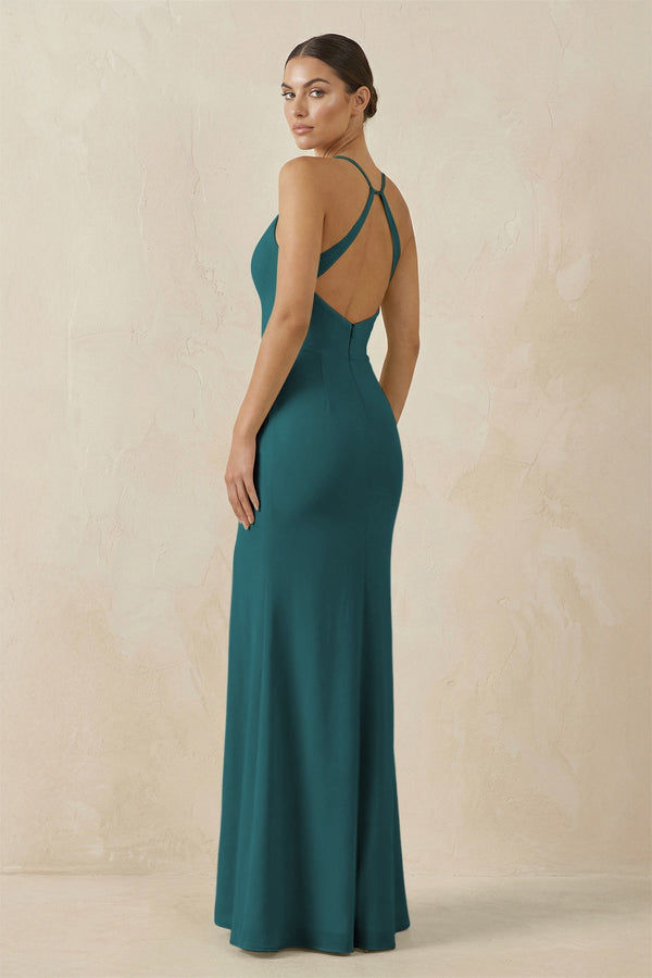 Spaghetti Strap Sheath Chiffon Bridesmaid Dress With Slit in Pine - KissProm Bridesmaid Dresses