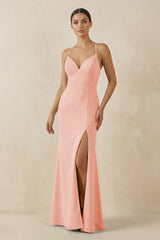 Spaghetti Strap Sheath Chiffon Bridesmaid Dress With Slit in Rose Petal - KissProm Bridesmaid Dresses