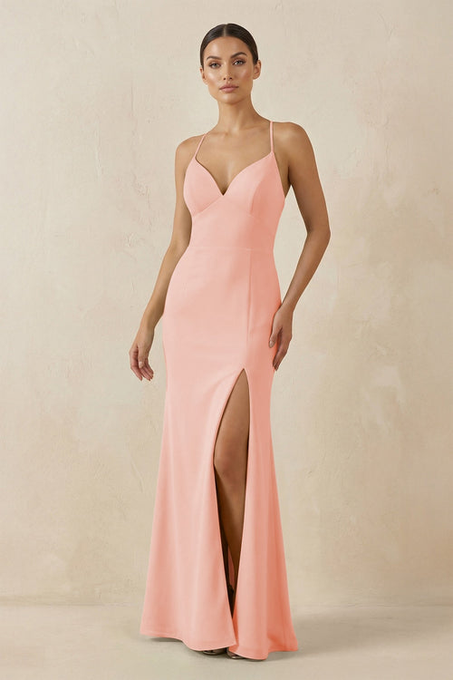 Spaghetti Strap Sheath Chiffon Bridesmaid Dress With Slit in Rose Petal - KissProm Bridesmaid Dresses