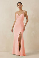 Spaghetti Strap Sheath Chiffon Bridesmaid Dress With Slit in Rose Petal - KissProm Bridesmaid Dresses