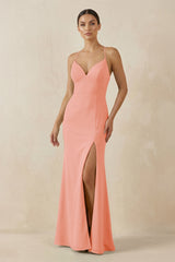 Spaghetti Strap Sheath Chiffon Bridesmaid Dress With Slit in Rosette - KissProm Bridesmaid Dresses