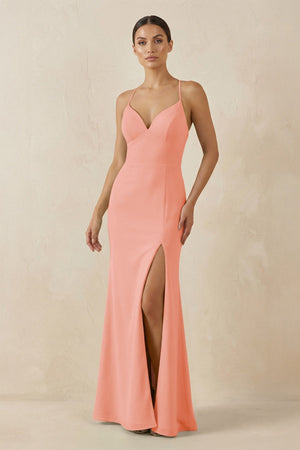 Spaghetti Strap Sheath Chiffon Bridesmaid Dress With Slit in Rosette - KissProm Bridesmaid Dresses