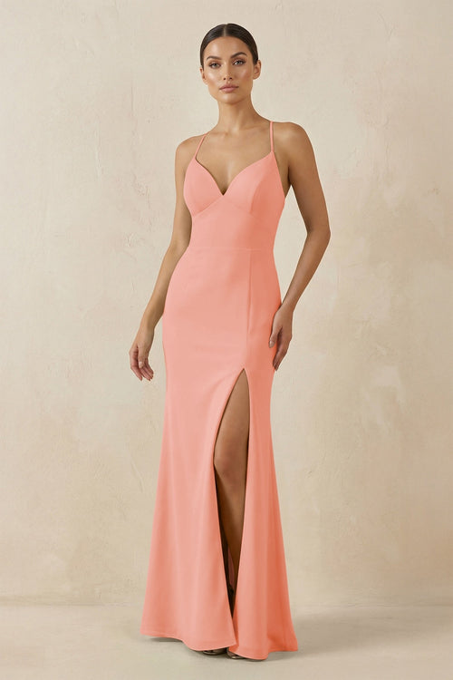 Spaghetti Strap Sheath Chiffon Bridesmaid Dress With Slit in Rosette - KissProm Bridesmaid Dresses