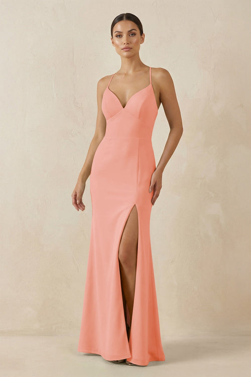 Spaghetti Strap Sheath Chiffon Bridesmaid Dress With Slit in Rosette - KissProm Bridesmaid Dresses