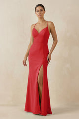 Spaghetti Strap Sheath Chiffon Bridesmaid Dress With Slit in Ruby Red - KissProm Bridesmaid Dresses