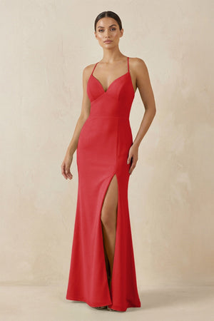Spaghetti Strap Sheath Chiffon Bridesmaid Dress With Slit in Ruby Red - KissProm Bridesmaid Dresses