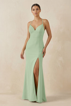 Spaghetti Strap Sheath Chiffon Bridesmaid Dress With Slit in Sage - KissProm Bridesmaid Dresses