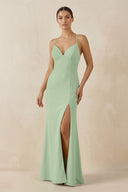 Spaghetti Strap Sheath Chiffon Bridesmaid Dress With Slit in Sage - KissProm Bridesmaid Dresses