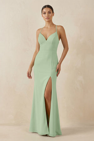 Spaghetti Strap Sheath Chiffon Bridesmaid Dress With Slit in Sage - KissProm Bridesmaid Dresses