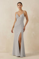 Spaghetti Strap Sheath Chiffon Bridesmaid Dress With Slit in Silver - KissProm Bridesmaid Dresses