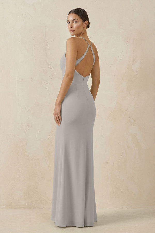 Spaghetti Strap Sheath Chiffon Bridesmaid Dress With Slit in Silver - KissProm Bridesmaid Dresses