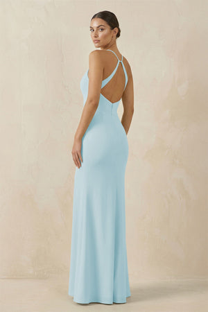 Spaghetti Strap Sheath Chiffon Bridesmaid Dress With Slit in Sky Blue - KissProm Bridesmaid Dresses