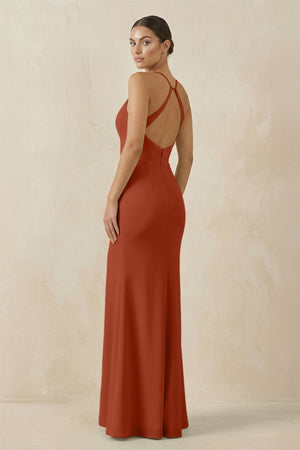 Spaghetti Strap Sheath Chiffon Bridesmaid Dress With Slit in Spice - KissProm Bridesmaid Dresses