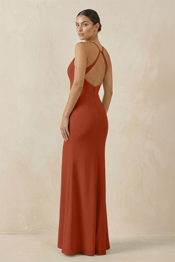 Spaghetti Strap Sheath Chiffon Bridesmaid Dress With Slit in Spice - KissProm Bridesmaid Dresses