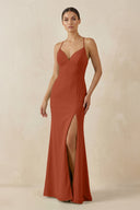 Spaghetti Strap Sheath Chiffon Bridesmaid Dress With Slit in Spice - KissProm Bridesmaid Dresses
