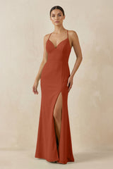 Spaghetti Strap Sheath Chiffon Bridesmaid Dress With Slit in Spice - KissProm Bridesmaid Dresses