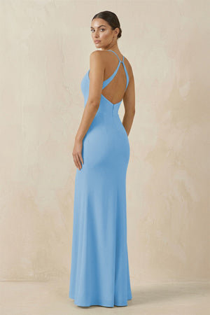 Spaghetti Strap Sheath Chiffon Bridesmaid Dress With Slit in Steel Blue - KissProm Bridesmaid Dresses
