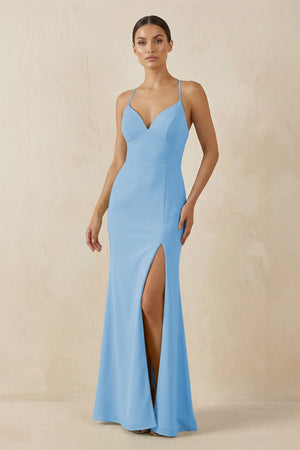 Spaghetti Strap Sheath Chiffon Bridesmaid Dress With Slit in Steel Blue - KissProm Bridesmaid Dresses