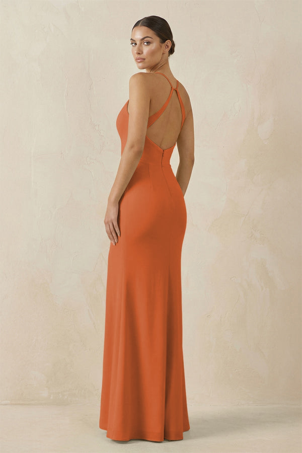Spaghetti Strap Sheath Chiffon Bridesmaid Dress With Slit in Terracotta - KissProm Bridesmaid Dresses