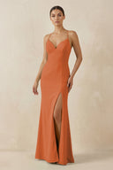 Spaghetti Strap Sheath Chiffon Bridesmaid Dress With Slit in Terracotta - KissProm Bridesmaid Dresses