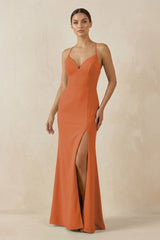 Spaghetti Strap Sheath Chiffon Bridesmaid Dress With Slit in Terracotta - KissProm Bridesmaid Dresses