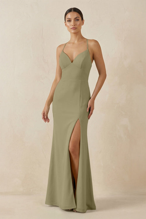Spaghetti Strap Sheath Chiffon Bridesmaid Dress With Slit in Thyme - KissProm Bridesmaid Dresses