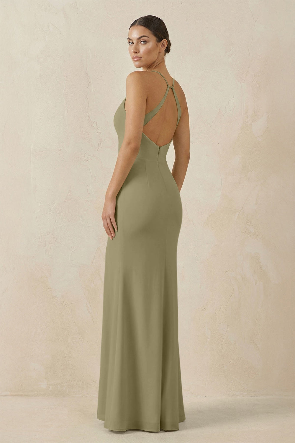 Spaghetti Strap Sheath Chiffon Bridesmaid Dress With Slit in Thyme - KissProm Bridesmaid Dresses