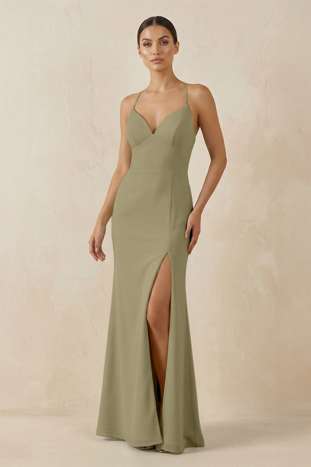 Spaghetti Strap Sheath Chiffon Bridesmaid Dress With Slit in Thyme - KissProm Bridesmaid Dresses