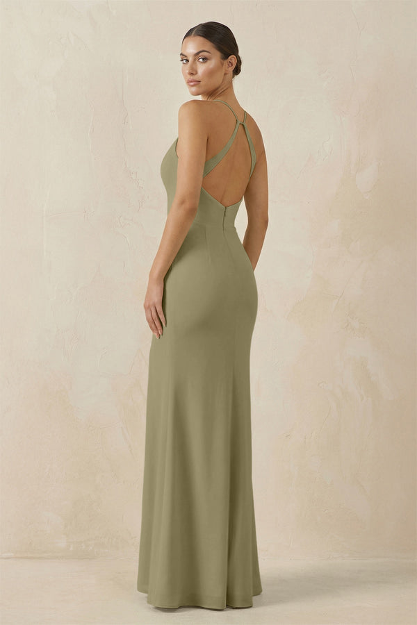 Spaghetti Strap Sheath Chiffon Bridesmaid Dress With Slit in Thyme - KissProm Bridesmaid Dresses