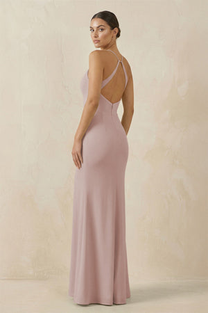 Spaghetti Strap Sheath Chiffon Bridesmaid Dress With Slit in Toffee - KissProm Bridesmaid Dresses