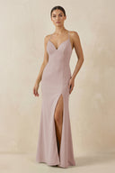 Spaghetti Strap Sheath Chiffon Bridesmaid Dress With Slit in Toffee - KissProm Bridesmaid Dresses