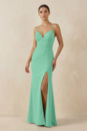 Spaghetti Strap Sheath Chiffon Bridesmaid Dress With Slit in Turquoise - KissProm Bridesmaid Dresses
