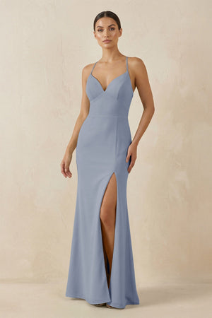 Spaghetti Strap Sheath Chiffon Bridesmaid Dress With Slit in Twilight - KissProm Bridesmaid Dresses