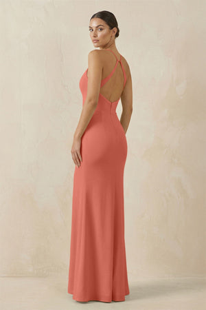 Spaghetti Strap Sheath Chiffon Bridesmaid Dress With Slit in Wild Rose - KissProm Bridesmaid Dresses