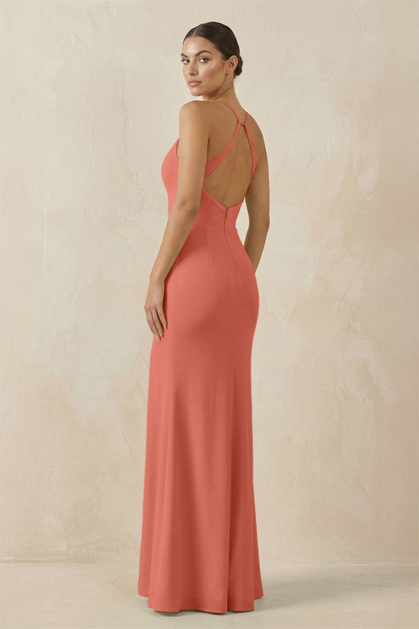 Spaghetti Strap Sheath Chiffon Bridesmaid Dress With Slit in Wild Rose - KissProm Bridesmaid Dresses