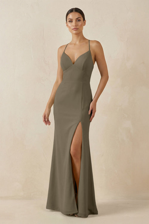 Spaghetti Strap Sheath Chiffon Bridesmaid Dress With Slit in Willow Green - KissProm Bridesmaid Dresses