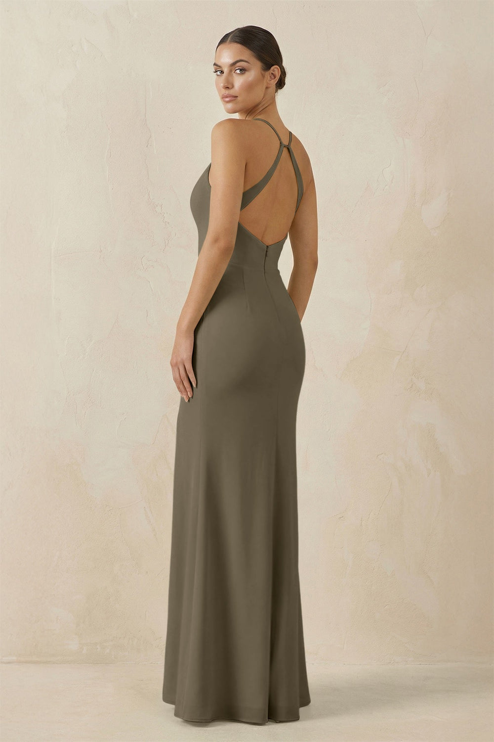 Spaghetti Strap Sheath Chiffon Bridesmaid Dress With Slit in Willow Green - KissProm Bridesmaid Dresses