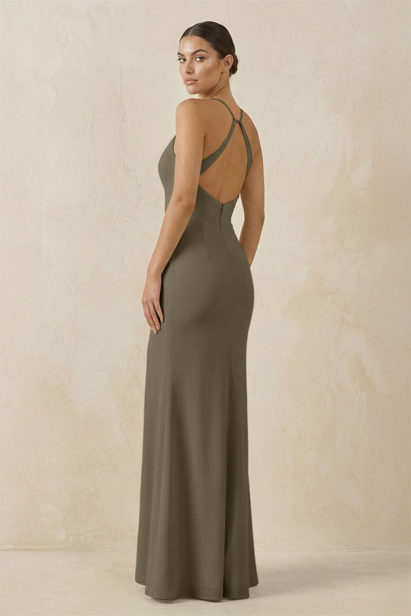 Spaghetti Strap Sheath Chiffon Bridesmaid Dress With Slit in Willow Green - KissProm Bridesmaid Dresses