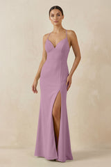 Spaghetti Strap Sheath Chiffon Bridesmaid Dress With Slit in Wisteria - KissProm Bridesmaid Dresses