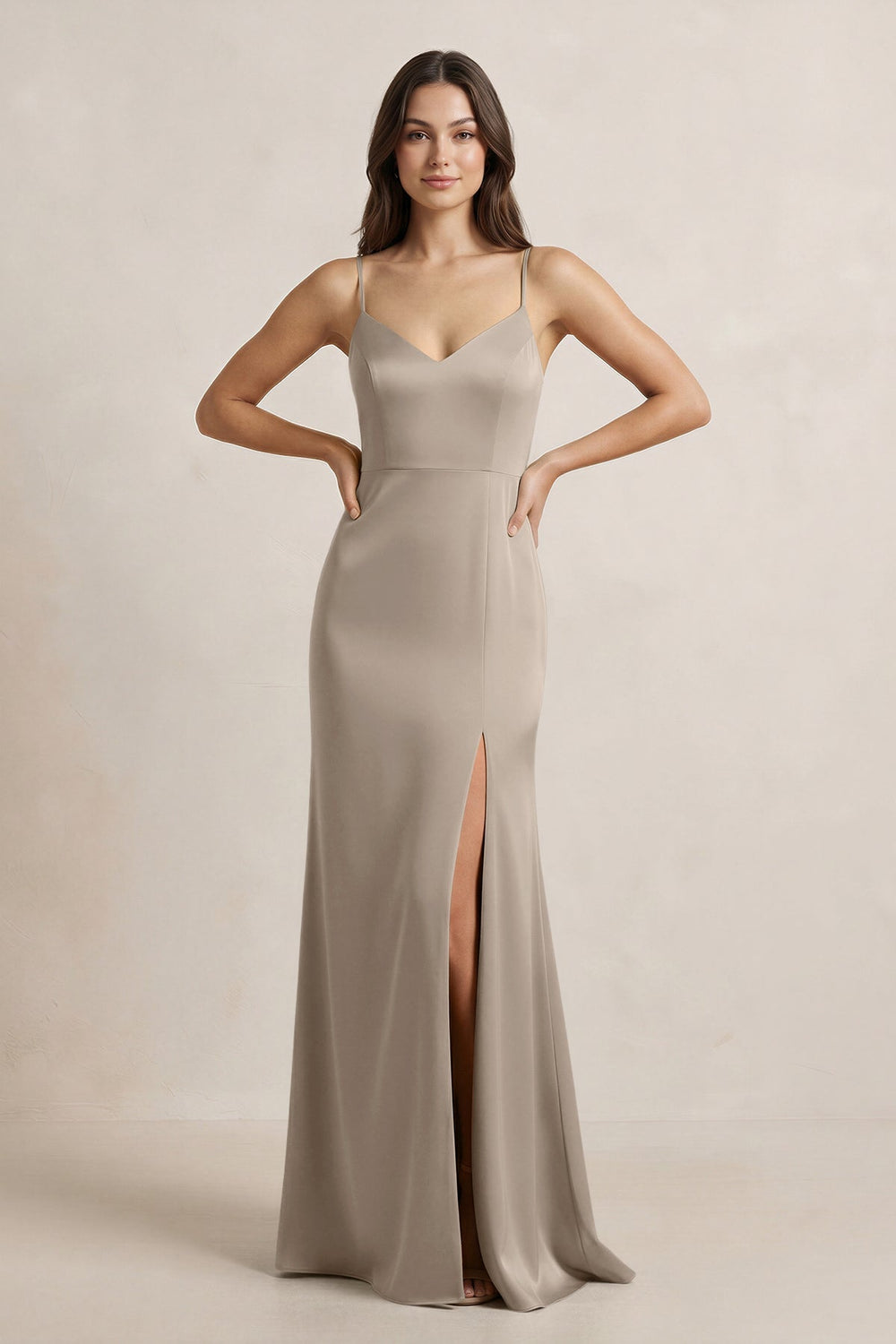 Spaghetti Strap Sheath Satin Bridesmaid Dress in Almond - KissProm Bridesmaid Dresses